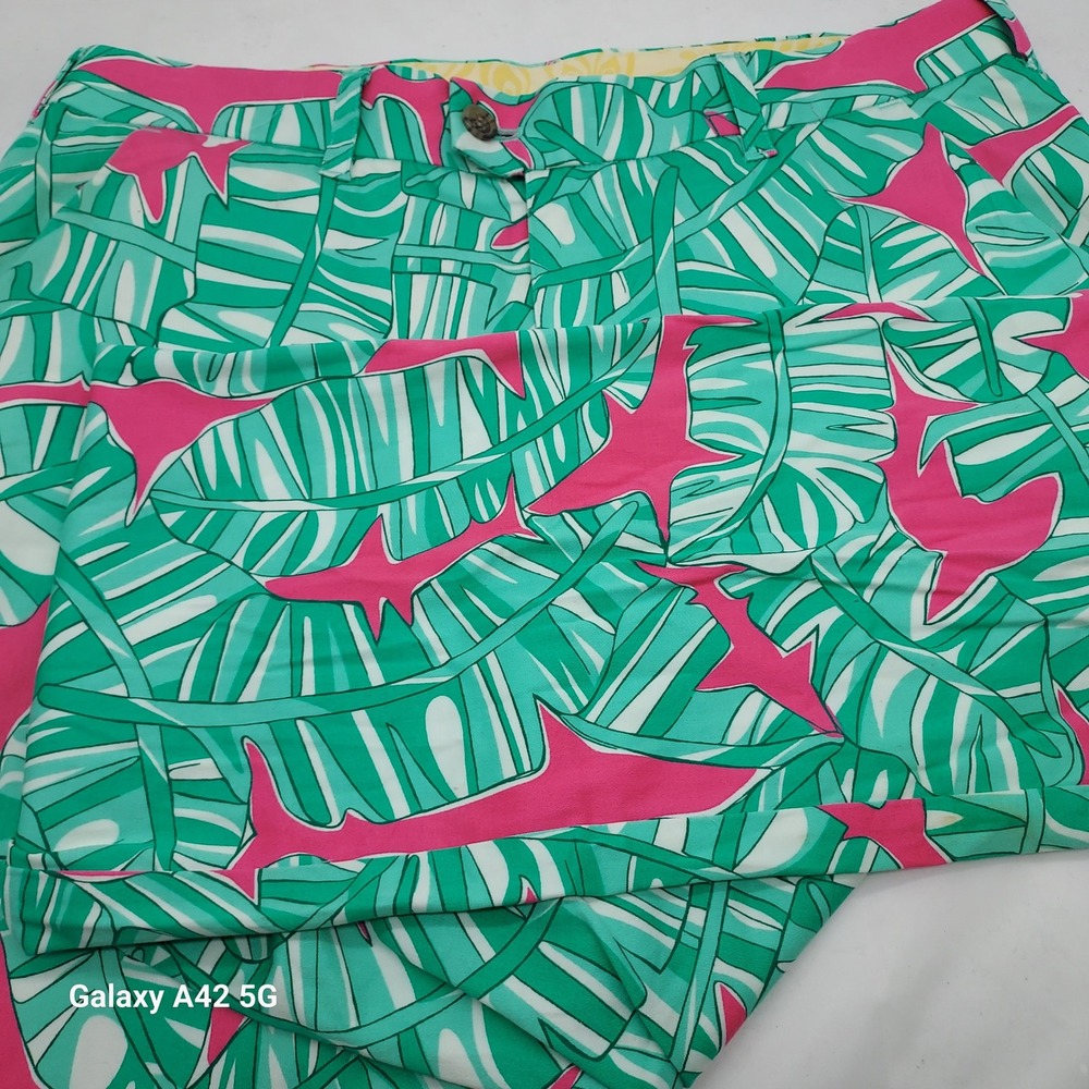 Loudmouth Golf Pants Mens 34x34 Tropical Palm Leaf Pink Shark Print Green Stretc